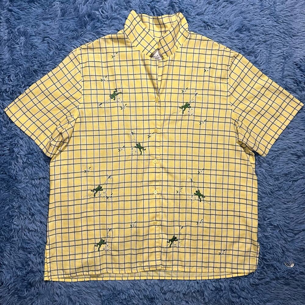 VINTAGE Frog Floral Button Up Collard Shirt Size 18 Womens Retro Yellow Y2K
